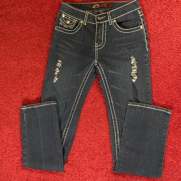 U - 51 Straight Leg Distressed Embroidered Jeans - Size 5/6 - Picture 7 of 8